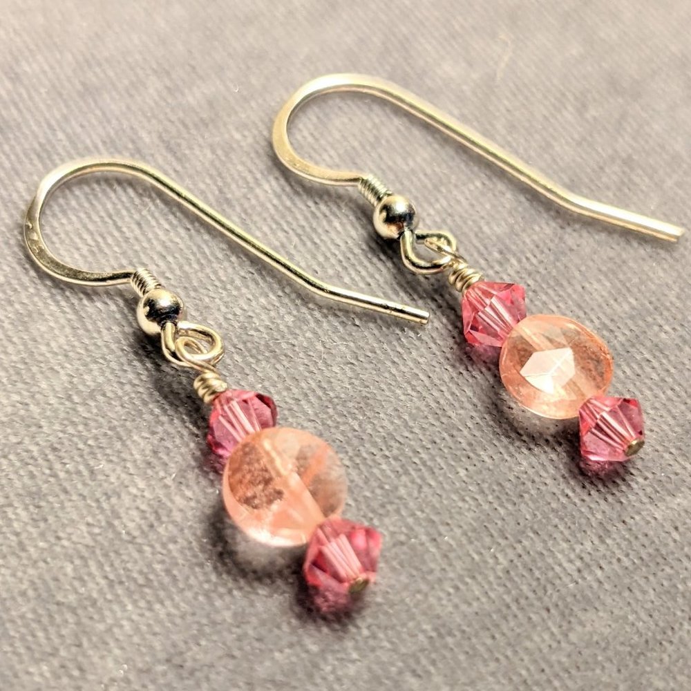 Sterling Silver Drop Earrings w/Strawberry Quartz & Rose Pink Swarovski Crystals